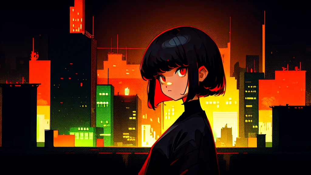  short hair style pixel arts night color palette, red eyes, bang hair, black short hair, big city, 