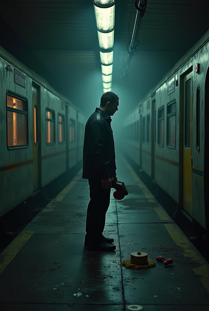 dirty man, polishing a black shoes, Dreamlike architecture Underworld train station, volumetric dark, Horror,
