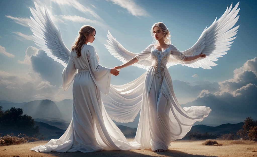A beautiful angelic woman with flowing white robes, delicate facial features, long eyelashes, piercing blue eyes, and a serene expression, standing in an ethereal, glowing landscape with clouds and rays of light, intricate angel wings spreading from her back, detailed feathers, photorealistic, highly detailed, 8K, masterpiece