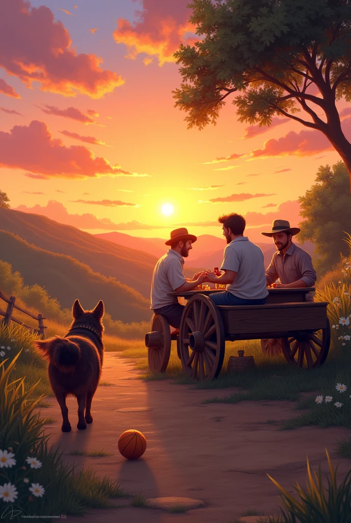 sunset, summer, dog, men, cart