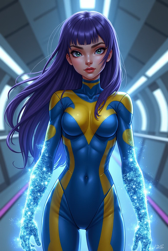 generates a Marvel Comics-style image of a young white woman of about 1, with long hair, dark purple and a fringe, who is wearing a blue and yellow college uniform in a mutant training room, with part of his body and uniform being made of diamond, like emma frost.