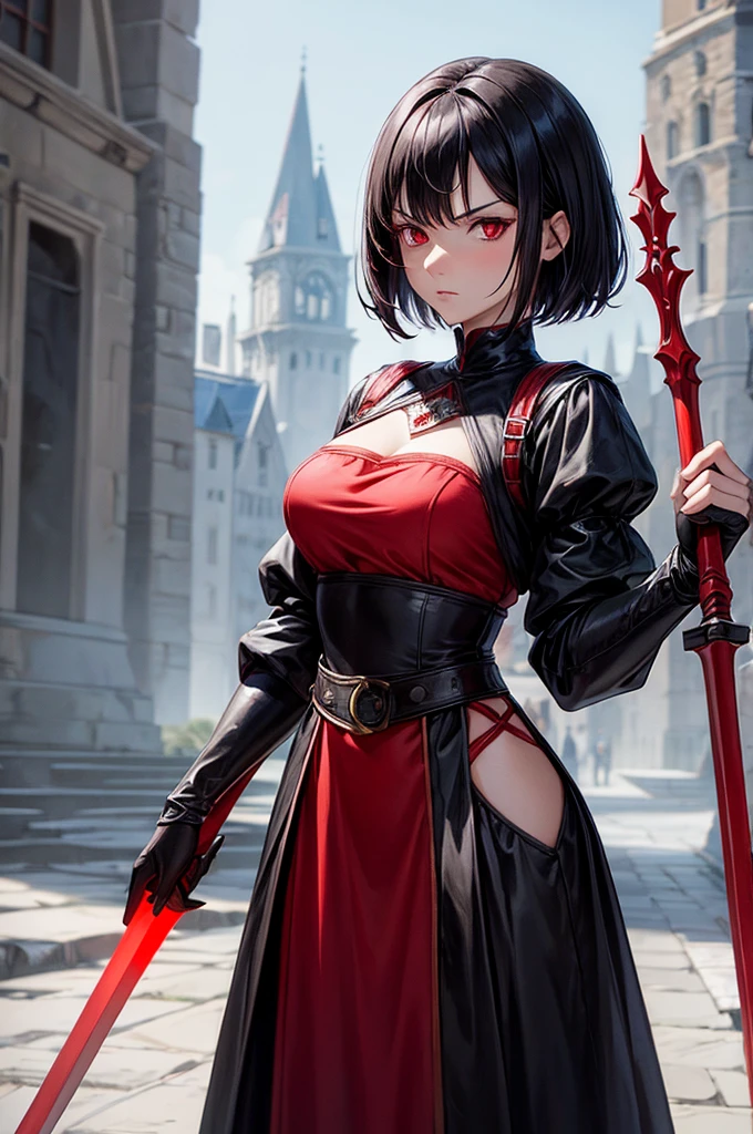 a woman, red-black medieval outfit, holding a spear behind back, serious expression, short black hair, red eyes, looking down at viewer