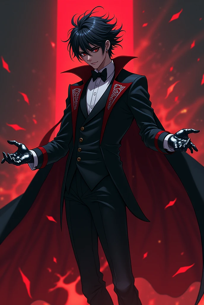 Clear! Here is a description of what the character could look like in anime style: 1. **hair**: I might have dark, messy hair, with pointed tips resembling flames or shadows, giving it a dynamic and powerful look. 2. **CLOTHES**: He would wear a long, dark cloak, maybe with red details, that floats dramatically around him. stylized in the shoulders and arms. 3. **Accessories**: I could wear a pair of gloves with shiny details, and maybe a mask that covers part of your face, adding a mysterious air. 4. **Posture**: I would be in an action pose, with arms outstretched, as if he were invoking power or controlling dark elements. 5. **bottom**: A dark background or red and black tones, that highlights the contrast with the character, giving a feeling of intensity and strength. He is a boy wearing a tuxedo-type suit and has a gun in his hand with dark glasses.