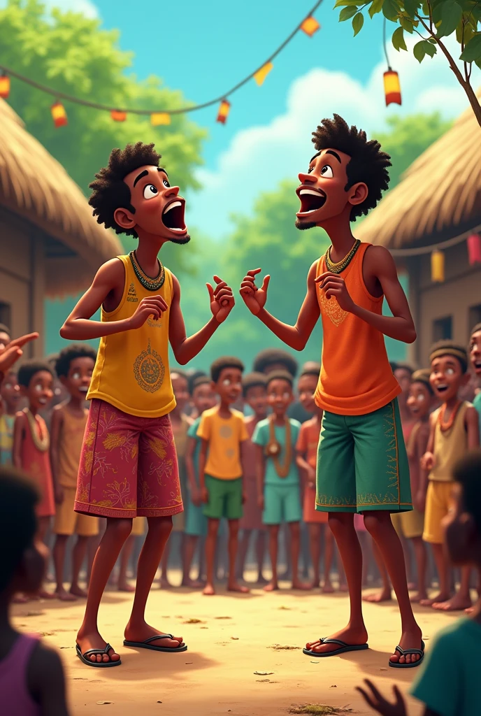 cartoon image of two young men singing to a crowd in an African village