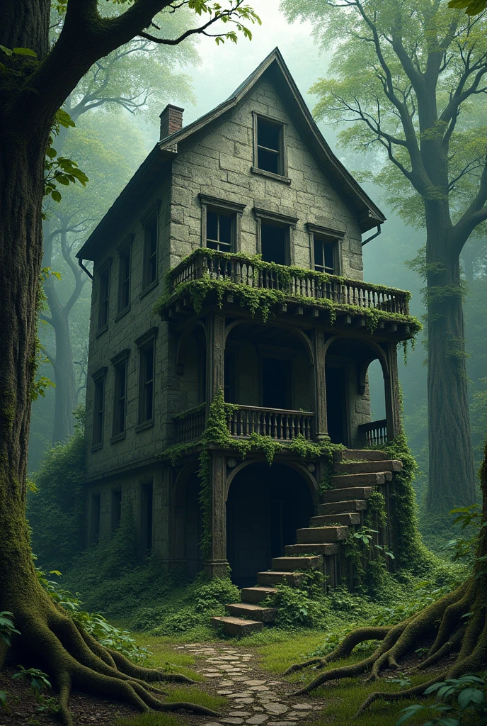 House with old balcony, abandoned and destroyed in the middle of the forest, without doors or windows, roots that grew through the walls due to time