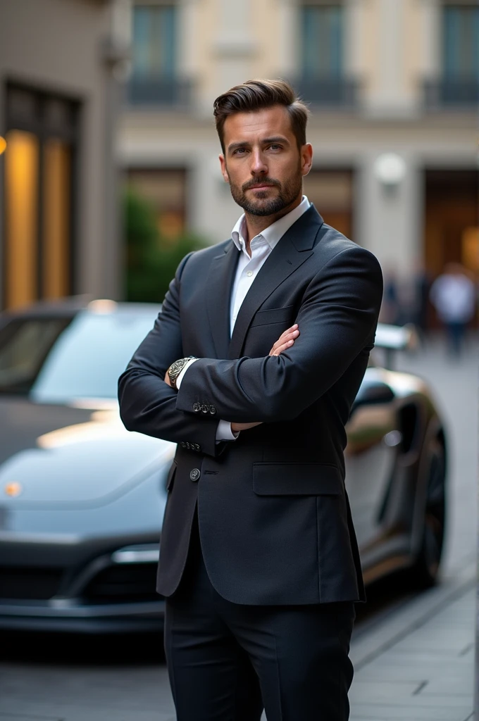 The businessman with a Porsche behind him and a phrase 18 ways to get rich step by step