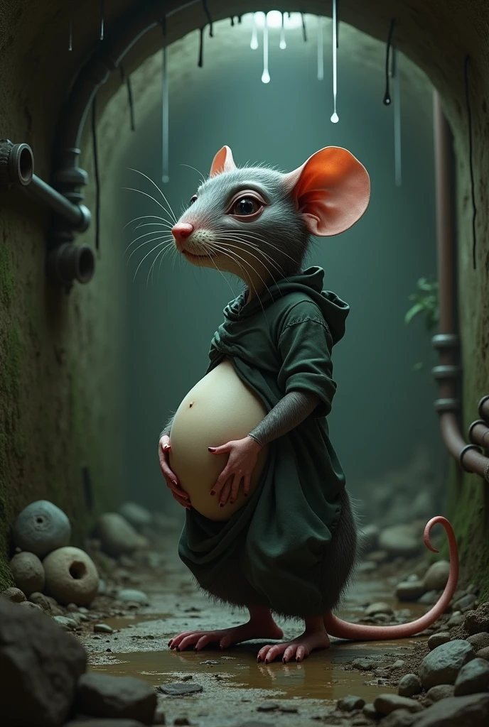 A pregnant human rat in a sad sewer.