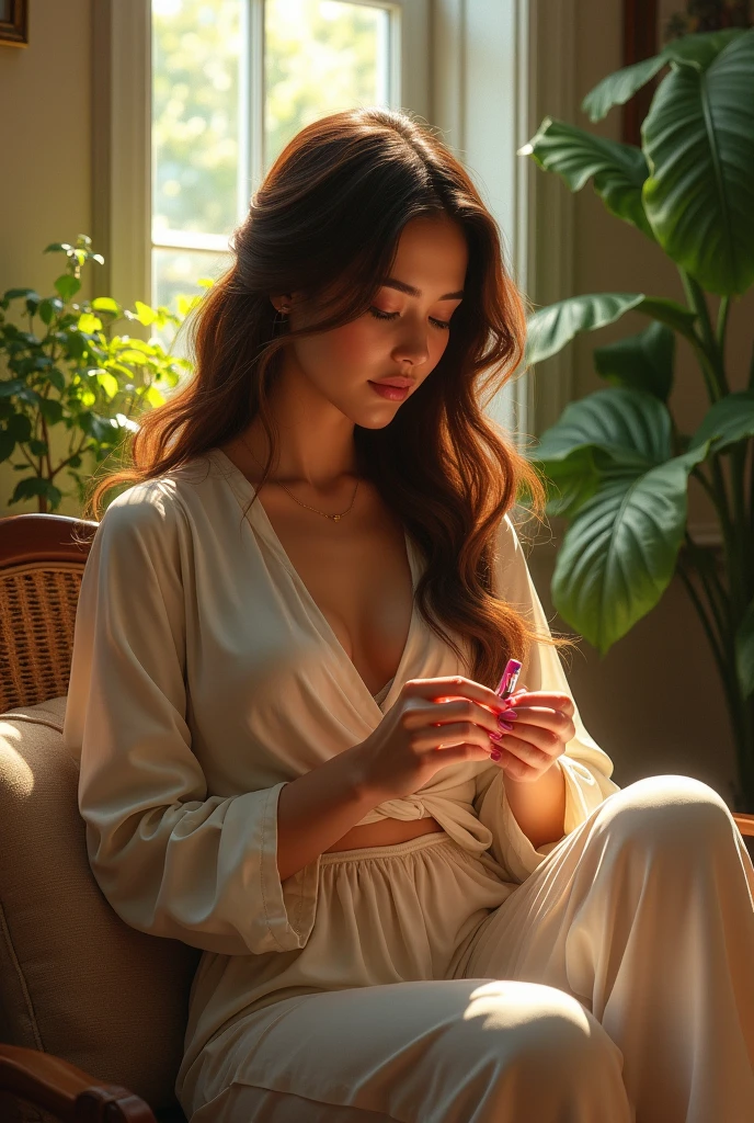 (photorealism:1.2), beautiful woman, sitting on bed,  painting her nails ,
wearing full sleeves
top, pajama pants, long hair, indoors, soft lighting, plants in background, window with sunlight, cozy room, relaxed pose, realistic, intricate details, warm colors, by Greg Rutkowski, by Alphonse Mucha