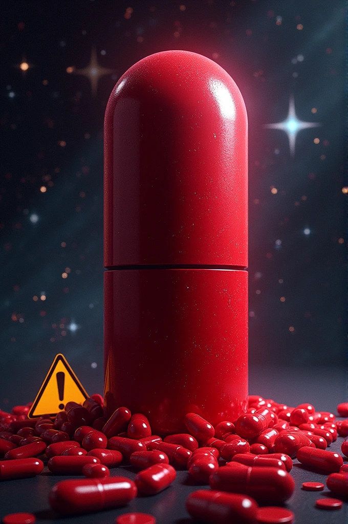 Make a cylindrical red pill in the center and a galaxy or stars (universe) No fundo, in one of the corners place a yellow sign with the following text written in black: "Pleasure and Slavery"