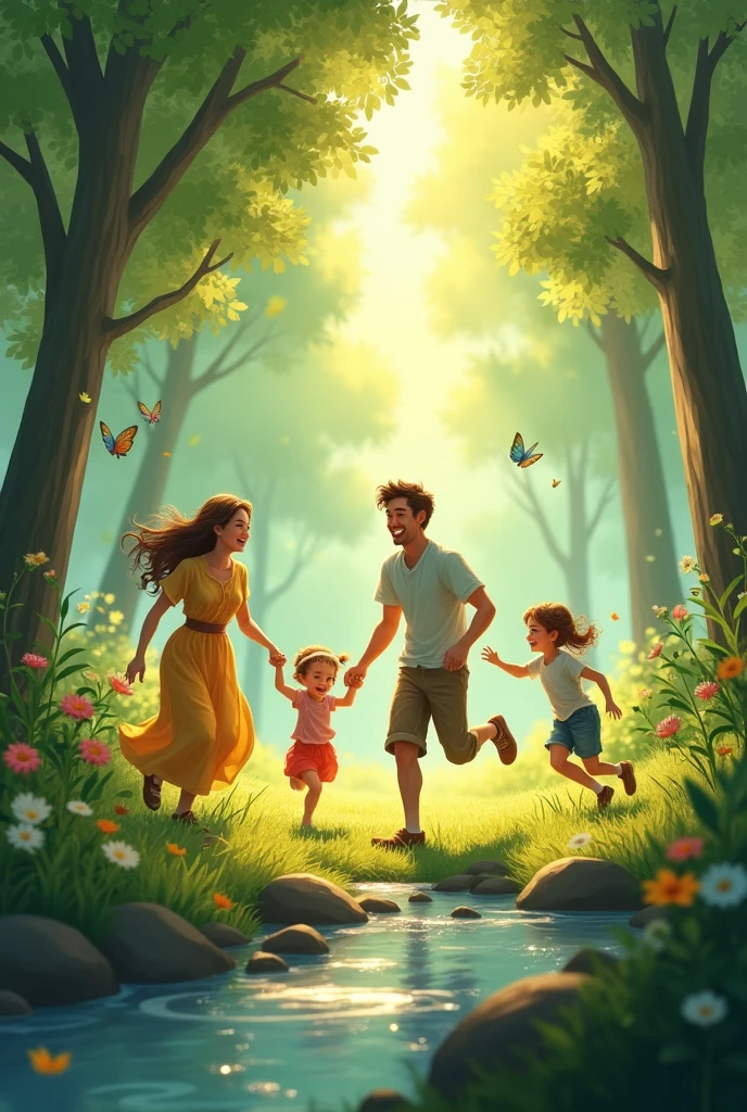 Create a cantum effect of family playing in the forest 