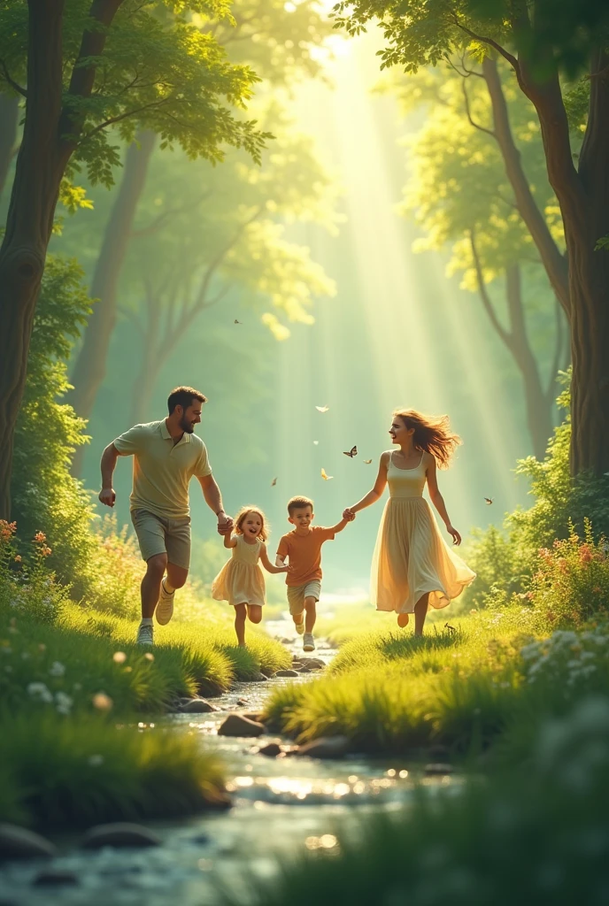 Create a cantum effect of family playing in the forest