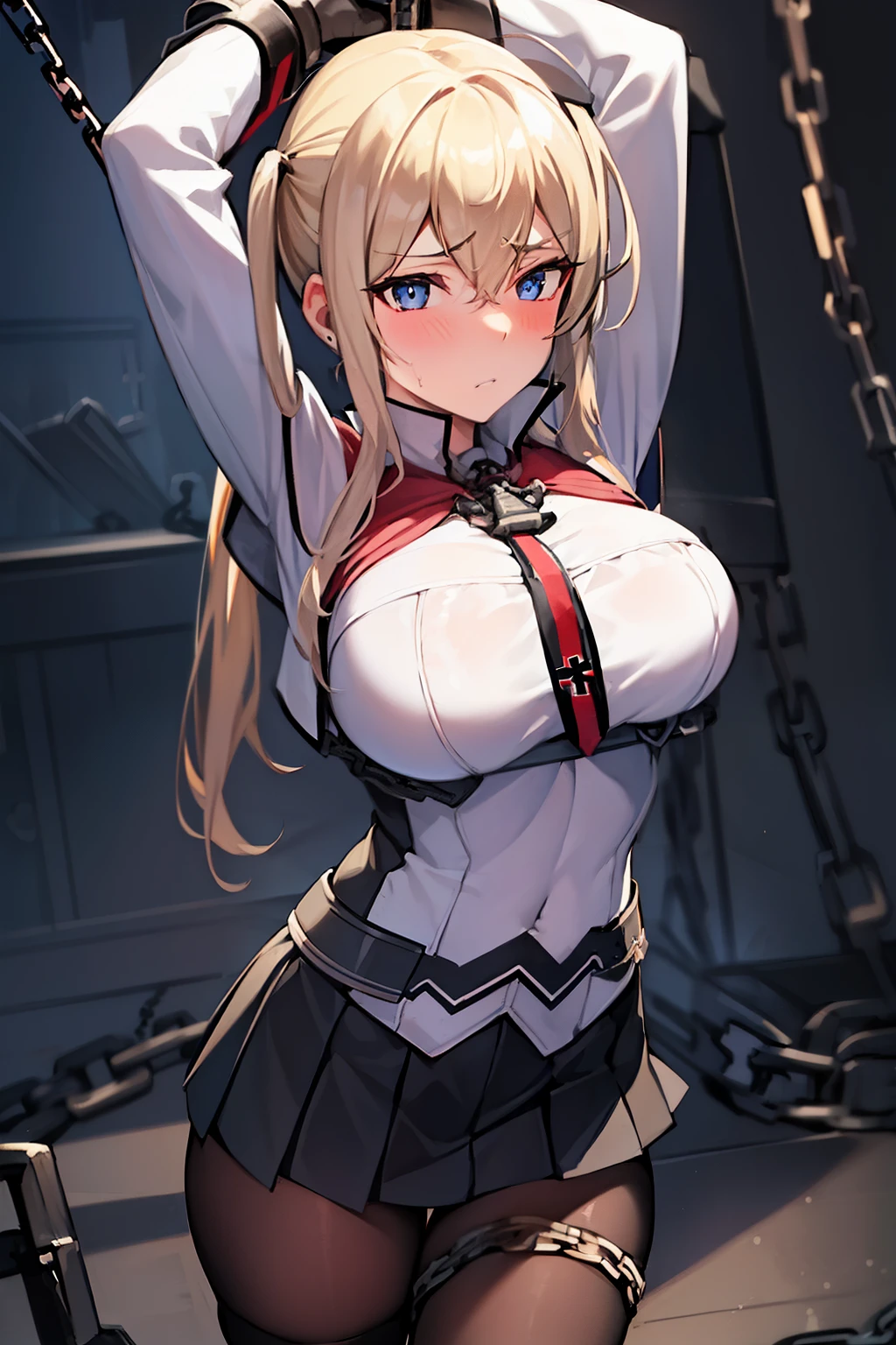 best quality, masterpiece, highres, solo, {graf_zeppelin_kantaicollection:1.15}, blonde_hair, twintails, long_hair, sidelocks, hair_between_eyes, breasts, blue_eyes, large_breasts, hat, peaked_cap, necktie, military, black skirt, short skirt, black tights, cross, blush, 1girl, looking_at_viewer, military_uniform, uniform, iron_cross, black_gloves, gloves, upper_body, ((((chained_superior)))), ((Arms suspended by chains)), arms over head, large breast, indoor, bed room, cabinet, hanged, standing, shy, scowl, teeth, sweat,