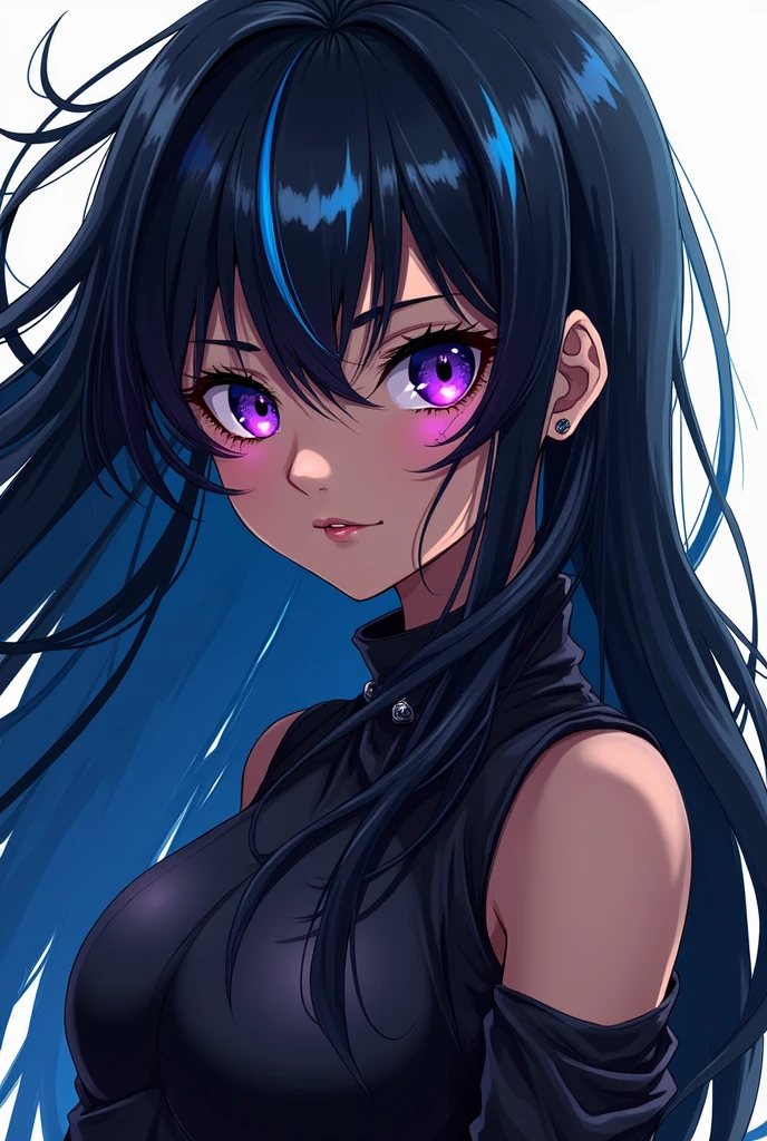 A girl with long black hair with blue tips Neon purple eyes a scar on her left eye, wearing black villain style clothes brown skin
Boku no hero anime style