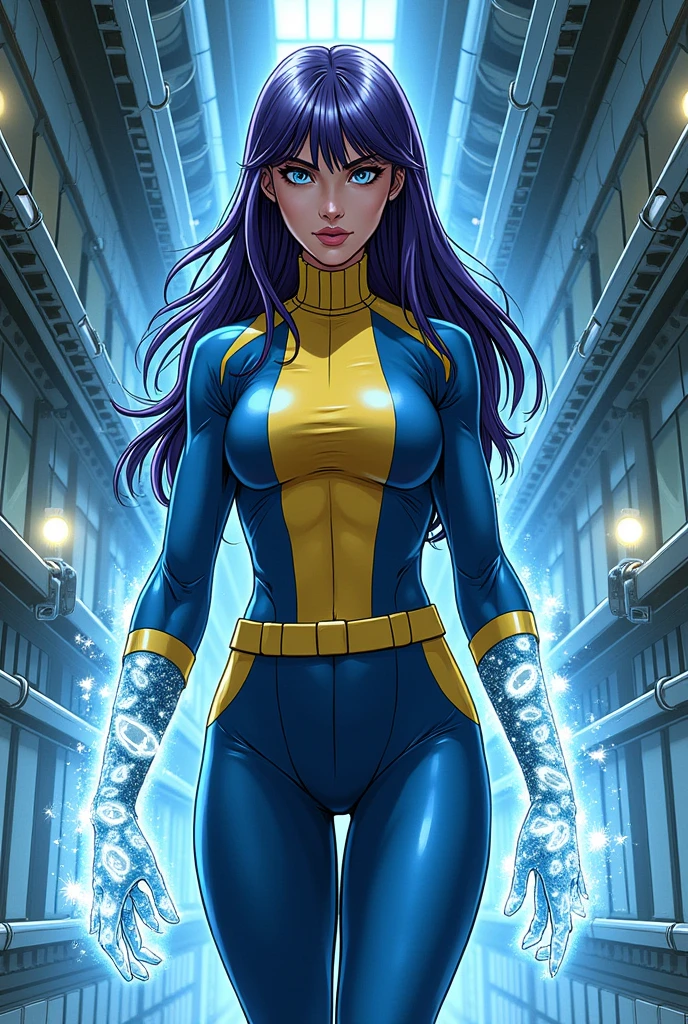 generates a Marvel Comics-style image of a young white woman of about 1, with long hair, dark purple and a fringe, who is wearing a blue and yellow college uniform in a mutant training room, with much of his body and uniform being made of diamond, like emma frost.