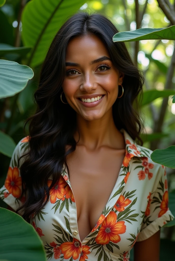 A Brazilian woman in a lush tropical garden, wearing an open shirt with a floral print, with a close-up capturing the harmonious beauty between her breasts and the natural flowers, showing off your natural charm and outgoing personality.