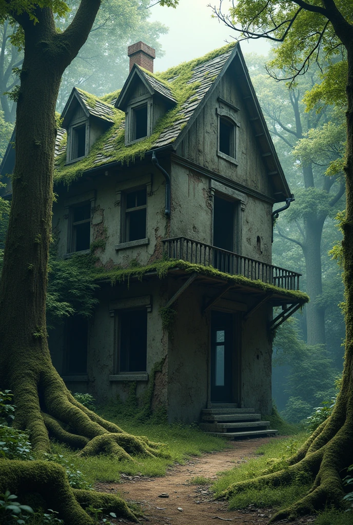 House with old balcony, abandoned and destroyed in the middle of the forest, without doors or windows, roots that grew through the walls due to time