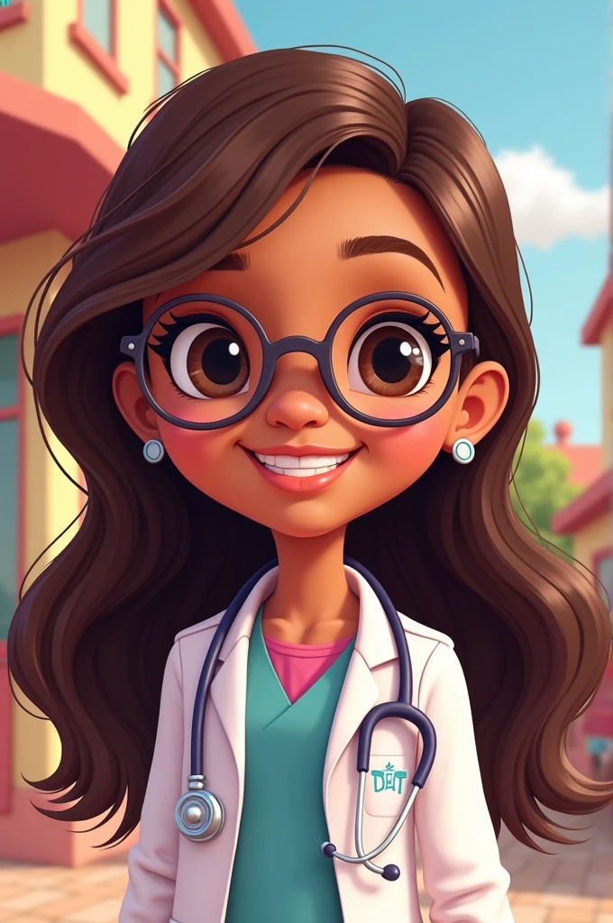Make my sister look like Doc McStuffins, She wears glasses, She is a not very dark mestizo, She gets a subtle eyeliner and has hair down to her chest.