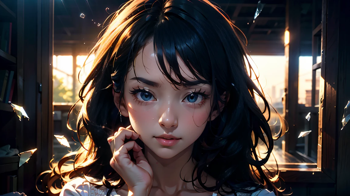 a beautiful girl crying, tears streaming down her face, soulful expression, long wavy hair, delicate features, lace dress, broken glass, shattered heart, dimly lit, muted colors, cinematic lighting, portrait, emotional, dramatic