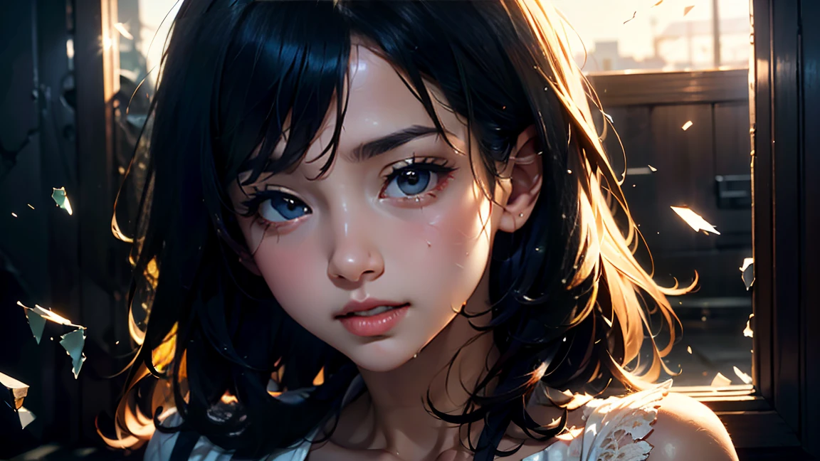 a beautiful girl crying, tears streaming down her face, soulful expression, long wavy hair, delicate features, lace dress, broken glass, shattered heart, dimly lit, muted colors, cinematic lighting, portrait, emotional, dramatic