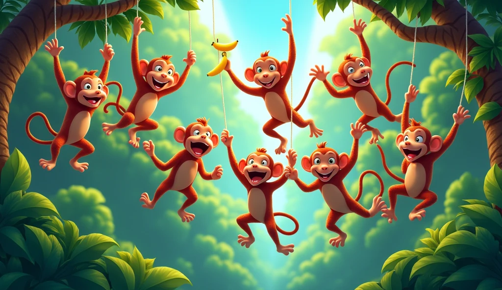 In the jungle, the 10 monkeys swing,
From tree to tree, they sing.
Bananas in hand, they laugh and play,
Enjoying life, every single day.