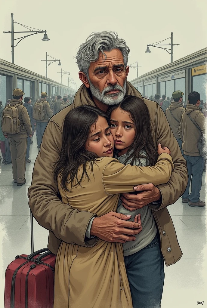 Make a comic about a family member migrating and the sad wife and daughter 