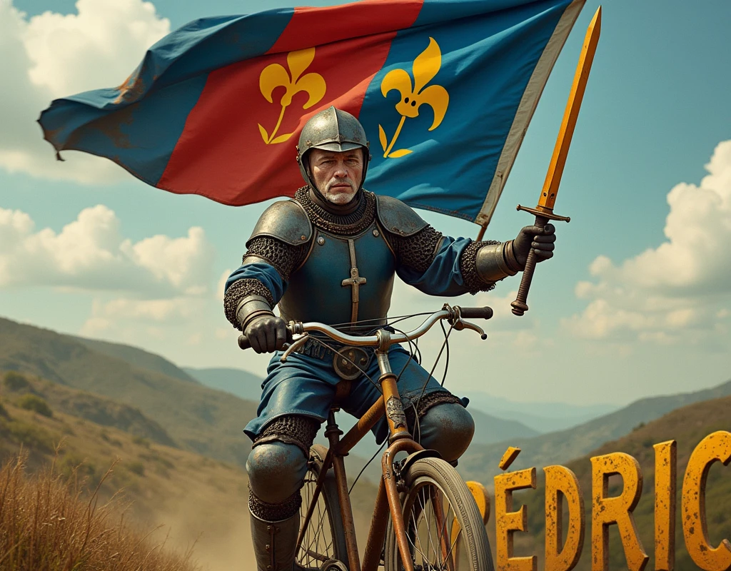 A movie poster depicting a man riding a classic old bicycle, with a (large blue and red banner with coat of arms thin vertical yellow sword painted upwards between 2lily flowers), damaged by fighting. wearing medieval battered chain mail, helmet, gloves, very battle-damaged, blue and red coat of arms. He has white pale skin and exhausted face and sweat. He's in valley with the words "Frédéric" written in large golden letters in the foreground.