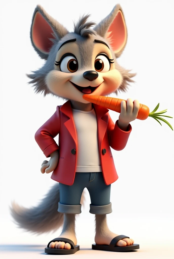 Create a human version of Disney's Big Bad Wolf, with a friendly look, and with a cute and friendly look, and it has to be biting/chew a carrot.
Top attire should be a smart red suit-style blazer and a white t-shirt., at the bottom just hairy legs and having worn some black flip flops. The character must have soft and charming features, with a smiling face and a detailed and expressive 3D style. Keep the background white, simple to highlight the figure. Design should evoke a welcoming feeling, maintaining features that resemble a wolf, like pointy ears, the long tail, the snout and with a friendly smile.