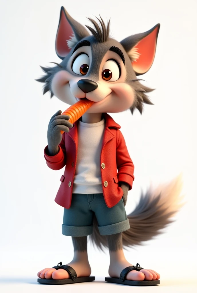 Create a human version of Disney&#39;s Big Bad Wolf, with a friendly look, and with a cute and friendly look, and it has to be biting/chew a carrot.
Top attire should be a smart red suit-style blazer and a white t-shirt., at the bottom just hairy legs and having worn some black flip flops. The character must have soft and charming features, with a smiling face and a detailed and expressive 3D style. Keep the background white, simple to highlight the figure. Design should evoke a welcoming feeling, maintaining features that resemble a wolf, like pointy ears, the long tail, the snout and with a friendly smile.