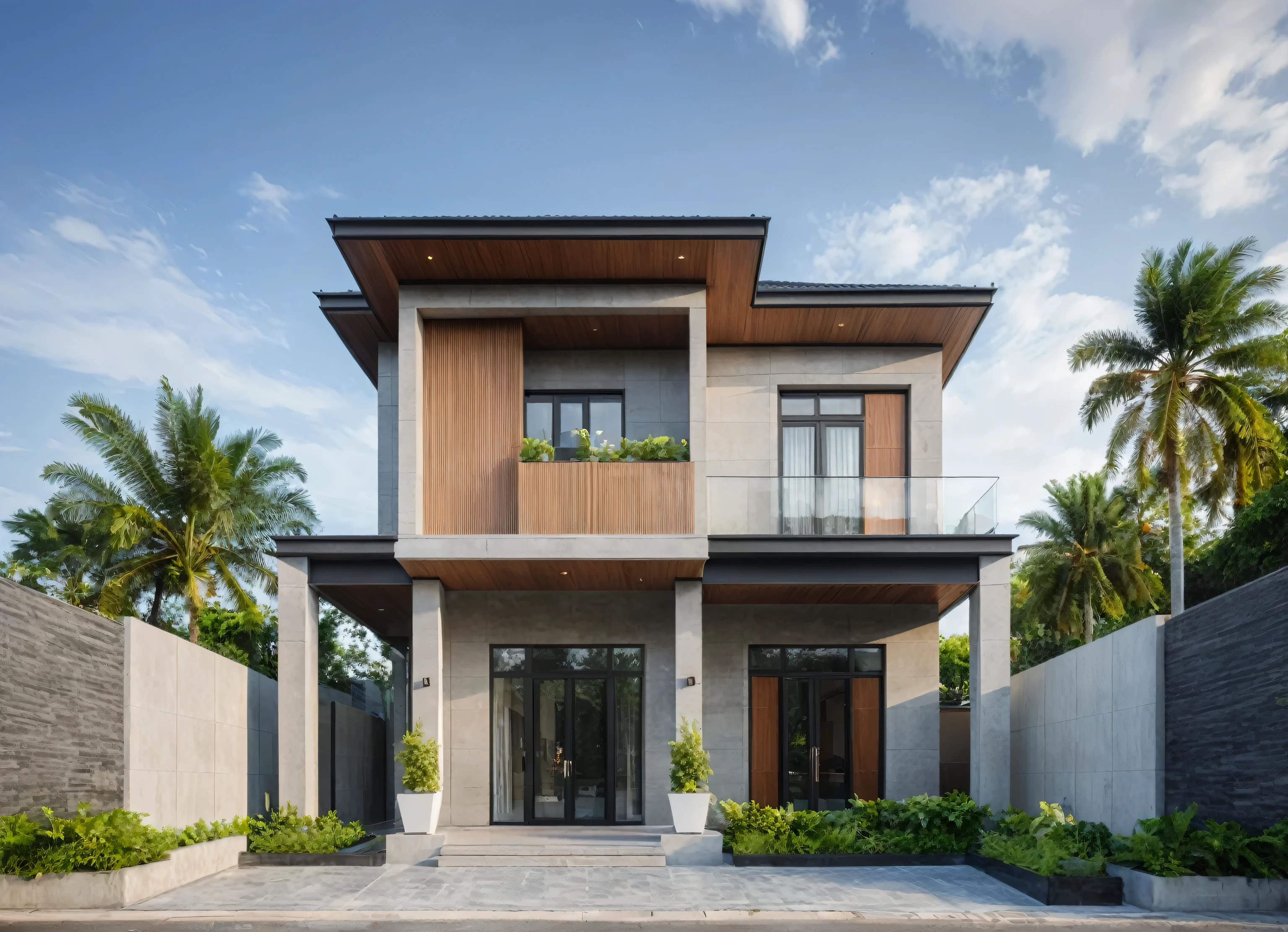 modern villa on street, (daylight), tropical tree, (slope roof, black tiled roof:1.2), vivid color, streetcapes, nice sky, grey tone, large glass door, warm interior lighting, modern material, best quality, ultra realistic, masterpiece, 17ArchiAI_XL_VL-v1