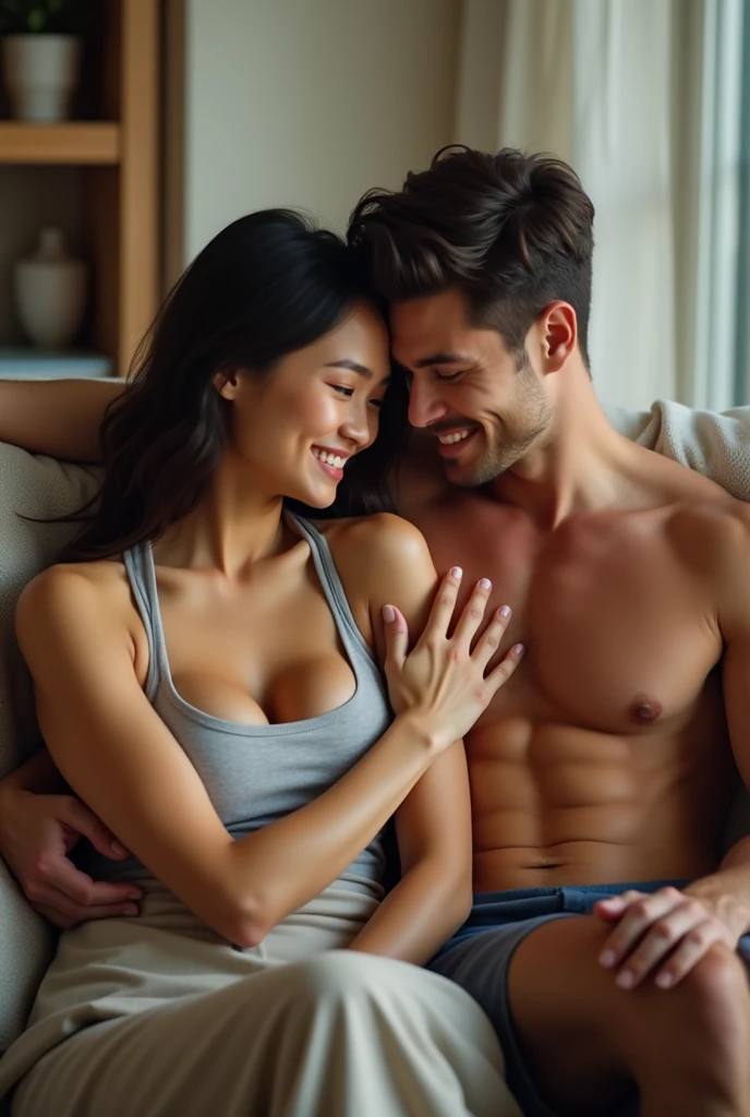 Beautiful athletic 30 year old asian woman with toned arms wearing tank top and jeans sitting in living room with her shirtless caucasian husband. Smiling. Arms around each other. Her Hand on his chest