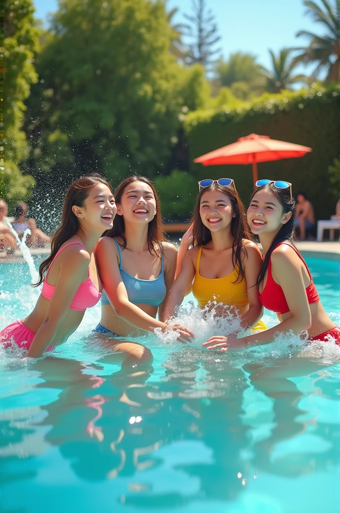 I'm taking photos for a new concept album. Create a concept photo of a girl group having fun in the swimming pool
