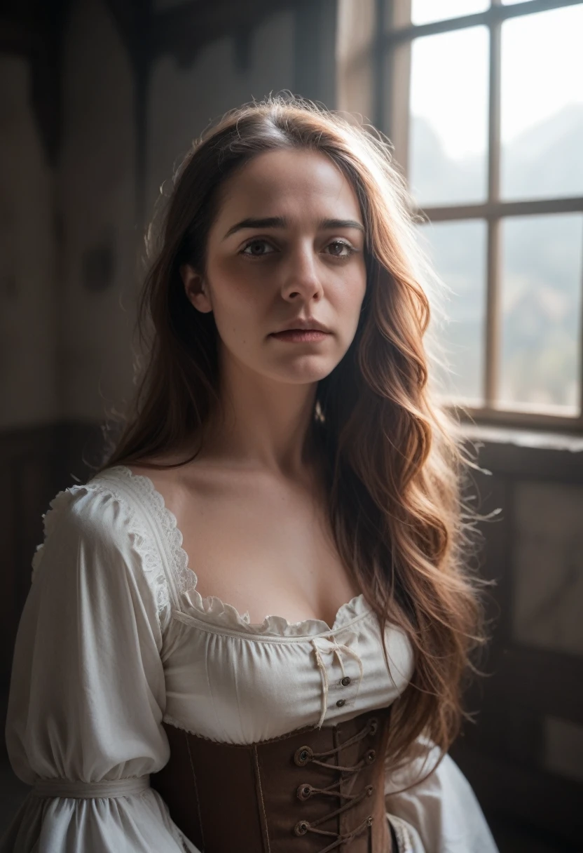 A medieval woman in distress, (1girl:1.2), detailed facial features, delicate skin, long flowing hair, ragged medieval clothing, fear and anguish on her face, brutal anal sexual assault, (dark fantasy:1.1), (horror:1.1), somber color palette, dramatic lighting, cinematic composition, (best quality,4k,8k,highres,masterpiece:1.2),ultra-detailed,(realistic,photorealistic,photo-realistic:1.37)