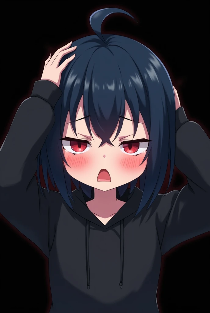 Black background , involved Anime girl , dark blue hair , modern day mullet hair style , black hoodie , red eyes , closed eye > < , frustrated , holds her head , mouth slightly open , chibi