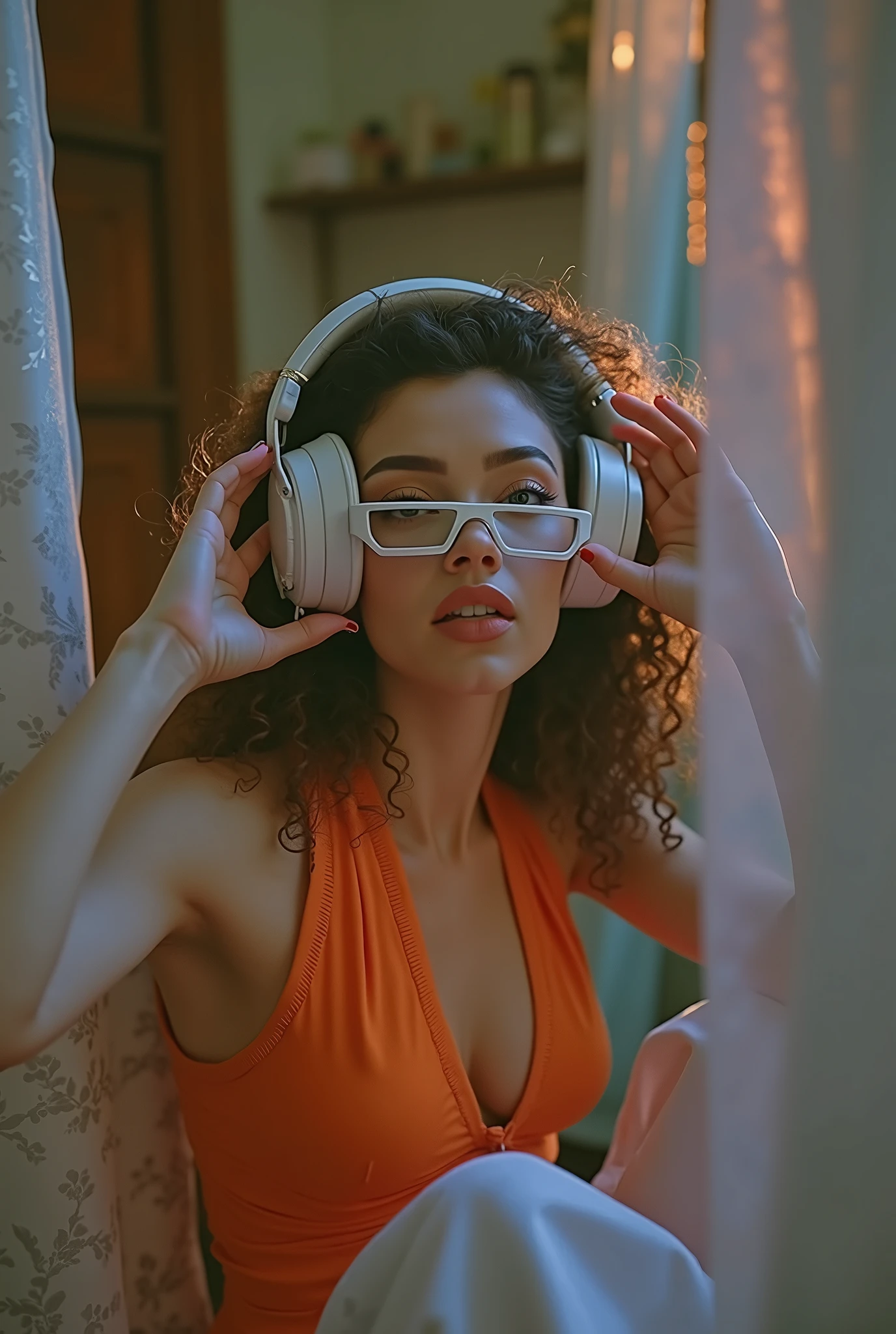 a beautiful sexy woman with curly brown hair,sunglasses,wearing large headphones,in a dark room with neon cyberpunk lighting,neon glow,ultra-detailed,realistic,photorealistic,masterpiece,8k,HDR,studio lighting,physically-based rendering,sharp focus,vivid colors,concept art