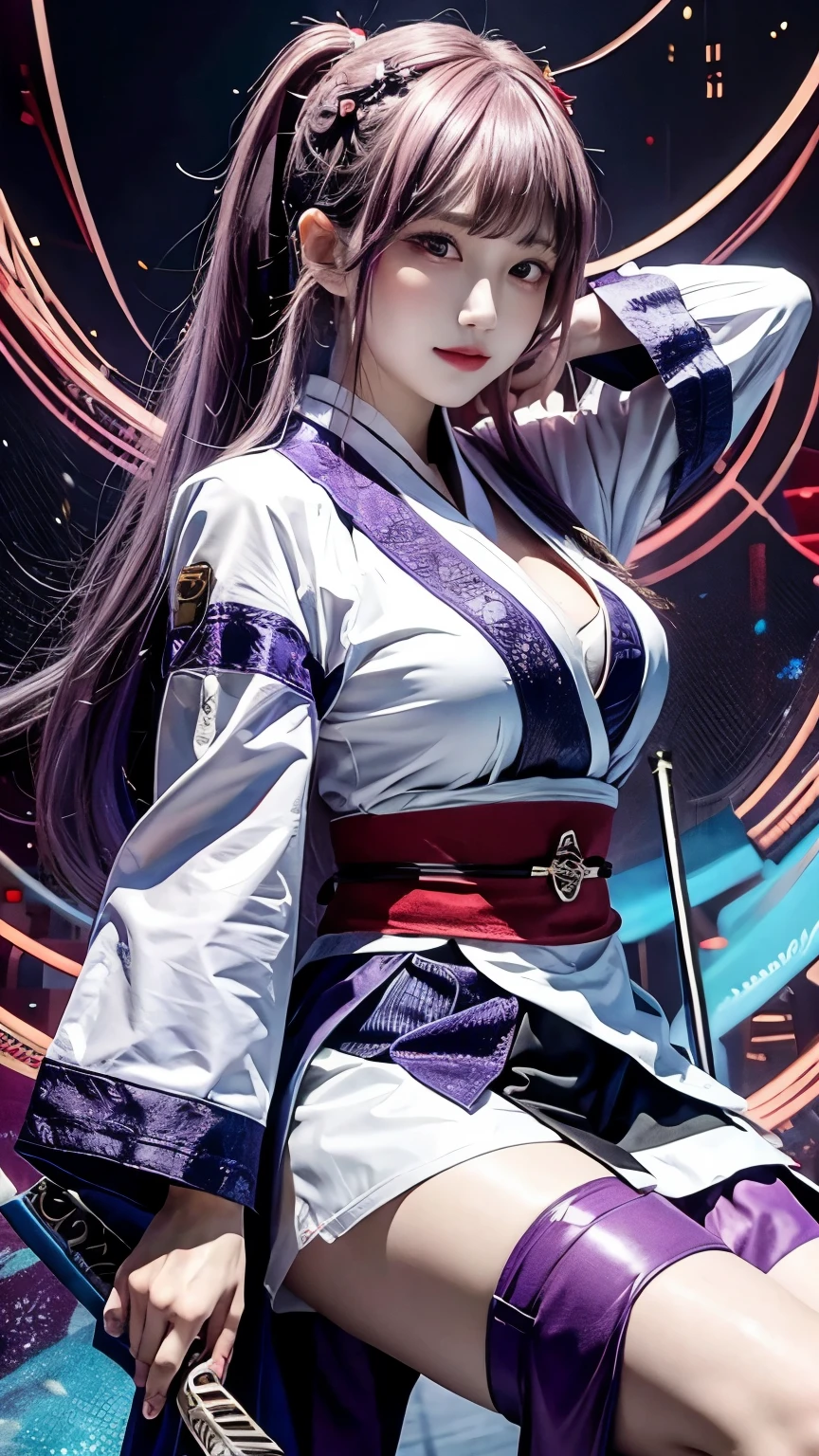 General Raiden, solo, long hair, looking at viewer, bangs, hair ornament, thigh-high socks, holding, cleavage, purple eyes, whole body, weapon, purple hair, braid, Japanese clothes, sword, wide sleeves, kimono, Possessed weapons, armor, mole, character name, sash, mole under the eye, sword, obi, gauntlet, braided ponytail, purple nails, electricity, purple kimono, obijime, tomoe (symbol), mitsudomoe (shape), Unsheathed sword, human scabbard,