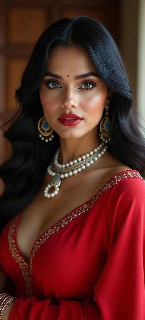  ultra realistic 8k cg, picture-perfect face, flawless, clean, masterpiece, professional artwork, famous artwork, cinematic lighting, cinematic bloom,
super realistic 8K, Perfect, clean , masterpiece, Professional artwork, famous artwork, face perfect, 


43yo girl, solo, alluring step mom,(sexy Bangladeshi women:1.2),
beautiful woman,very sexy appearance, seductive , rosy cheeks, smooth skin, 
huge breasts, smooth face, detailed face, smooth skin,shiny skin,highly detailed  face, detailed face, perfect proportions, well-proportioned body of six heads, huge breasts, thin waist, navel, big butt , crotch gap, large thighs,mature,toned legs, long neck, big ,detailed hair, ,detailed breasts, slim waist,beauty, long eyelashes, hourglass body, juicy lips,Beautiful expression, beautiful  eyes, 
Looks good with straight long hair,

Black  hair, long hair, silky hair, detailed bangs, (hair between eyes:1.2),

((Light olive eyes:1.2)),
gorgeous bright neon blue eye makeup and thick black winged eyeliner, peachy matte lipstick, looking into the camera,  
  detailed eyebrows,

(hourglass body:1.3), ultra detailed, best illustrated, showing off, seductive_pose, sexy eyes,full-body_portrait, Intrinsic exquisite details of (eyes,  hair,  skin,  face,  hands,  fingers,  anatomy),  stunning otherworldly beauty, sexy pose, 

She is Wearing (Red Georgette Saree:1.5),(Boat Neck Design Blouse:1.5),

full and juicy lips(dark red lipstick), belly jewelery, pearl necklace, pearl ear_rings, perfect fingers and nails, red_fingernails, golden ratio, seductive_pose,  big_boobies,deep cleavage,
,professional photoshot, incredibly beautiful woman in the form of a 'Desi Milf', elegant wild beauty and attractiveness, seductiveness and inaccessibility, beautiful, photoshot for Vogue magazines, sensual, ultra detailed, ,mature female,1 girl,cowboy_pose,naughty, (iu:0.8),cleavage, 