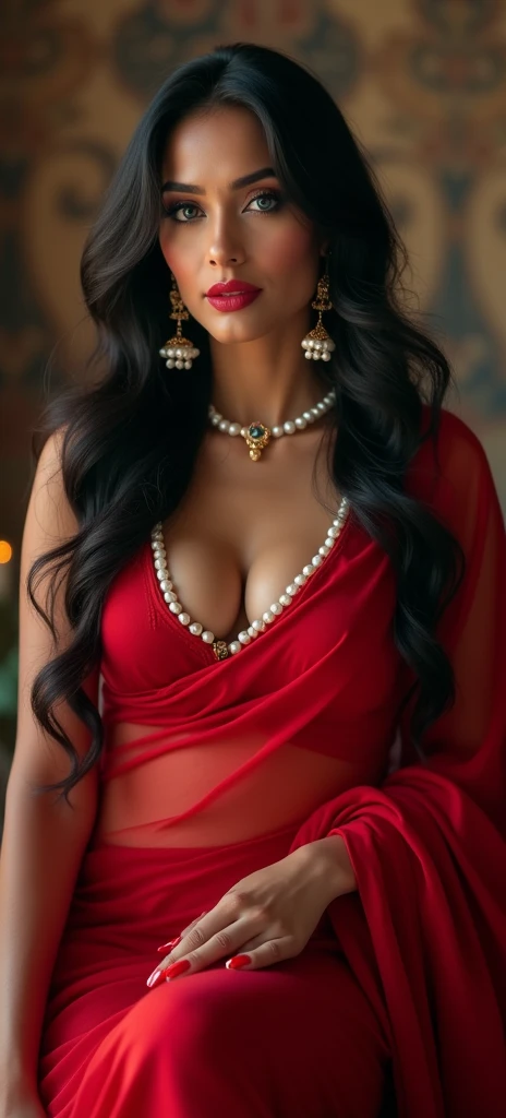  ultra realistic 8k cg, picture-perfect face, flawless, clean, masterpiece, professional artwork, famous artwork, cinematic lighting, cinematic bloom,
super realistic 8K, Perfect, clean , masterpiece, Professional artwork, famous artwork, face perfect, 


43yo girl, solo, alluring step mom,(sexy Bangladeshi women:1.2),
beautiful woman,very sexy appearance, seductive , rosy cheeks, smooth skin, 
huge breasts, smooth face, detailed face, smooth skin,shiny skin,highly detailed  face, detailed face, perfect proportions, well-proportioned body of six heads, huge breasts, thin waist, navel, big butt , crotch gap, large thighs,mature,toned legs, long neck, big ,detailed hair, ,detailed breasts, slim waist,beauty, long eyelashes, hourglass body, juicy lips,Beautiful expression, beautiful  eyes, 
Looks good with straight long hair,

Black  hair, long hair, silky hair, detailed bangs, (hair between eyes:1.2),

((Light olive eyes:1.2)),
gorgeous bright neon blue eye makeup and thick black winged eyeliner, peachy matte lipstick, looking into the camera,  
  detailed eyebrows,

(hourglass body:1.3), ultra detailed, best illustrated, showing off, seductive_pose, sexy eyes,full-body_portrait, Intrinsic exquisite details of (eyes,  hair,  skin,  face,  hands,  fingers,  anatomy),  stunning otherworldly beauty, sexy pose, 

She is Wearing (Red Georgette Saree:1.5),(Boat Neck Design Blouse:1.5),

full and juicy lips(dark red lipstick), belly jewelery, pearl necklace, pearl ear_rings, perfect fingers and nails, red_fingernails, golden ratio, seductive_pose,  big_boobies,deep cleavage,
,professional photoshot, incredibly beautiful woman in the form of a 'Desi Milf', elegant wild beauty and attractiveness, seductiveness and inaccessibility, beautiful, photoshot for Vogue magazines, sensual, ultra detailed, ,mature female,1 girl,cowboy_pose,naughty, (iu:0.8),cleavage, 