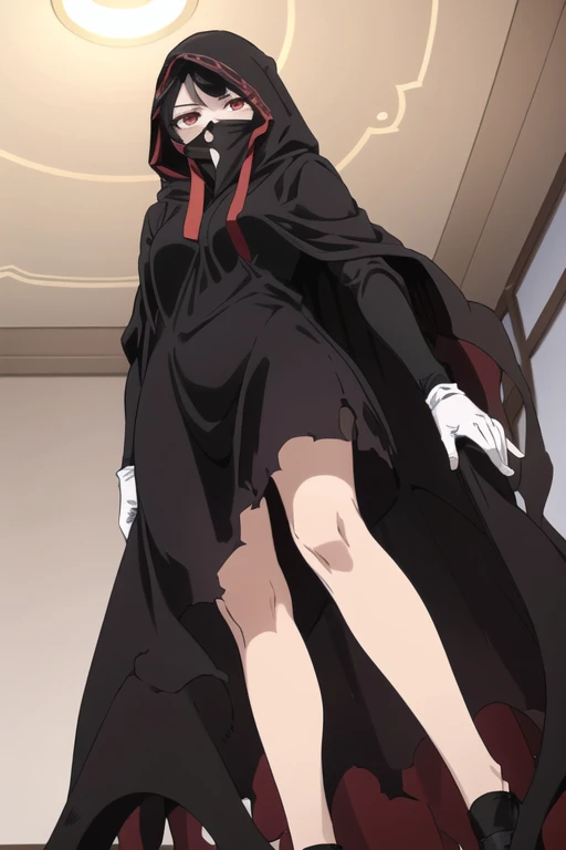 NNAssassinFSF, 1girl, solo, black hair, red eyes, long cape sleeves, long skirt, no hands, dress, long cape, cape, black cloak, hood up, black robe, covered mouth, white gloves, ((masterpiece, best quality)) rooms, bedroom, from below,