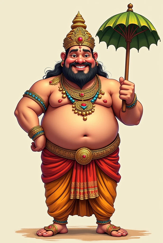 The complete set of Mahabali costume comes with footwear, satin dhoti, a decorated breastplate, ornaments, the crown and olakkuda (umbrella made of palm leaves)on his hand. Smilly, small and happy face. cartoon picture. adult man with big belly. human cartoon face