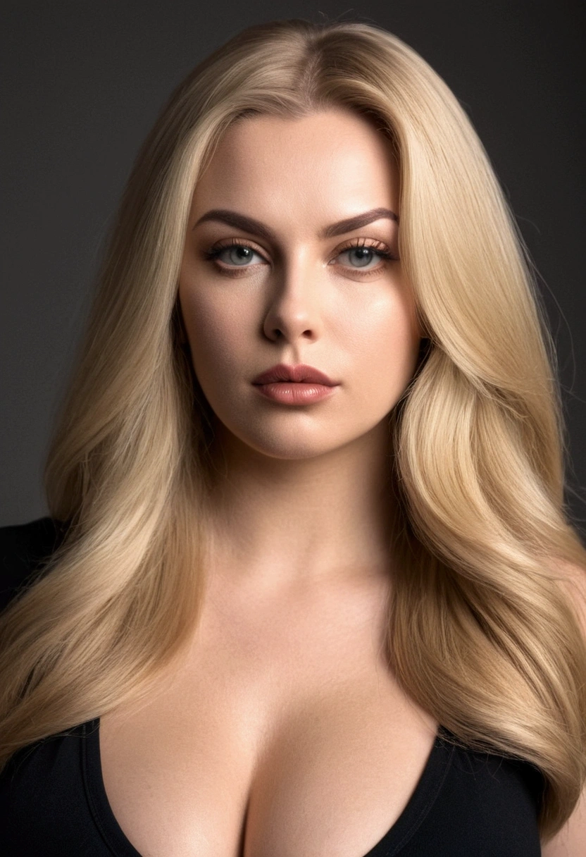 From the waist up, the same slim blonde woman with long, sleek hair and large breasts. Her full, rounded lips are closed, emphasizing their plumpness and softness, much like the reference image. She has a serious and composed expression, looking directly at the camera under natural lighting