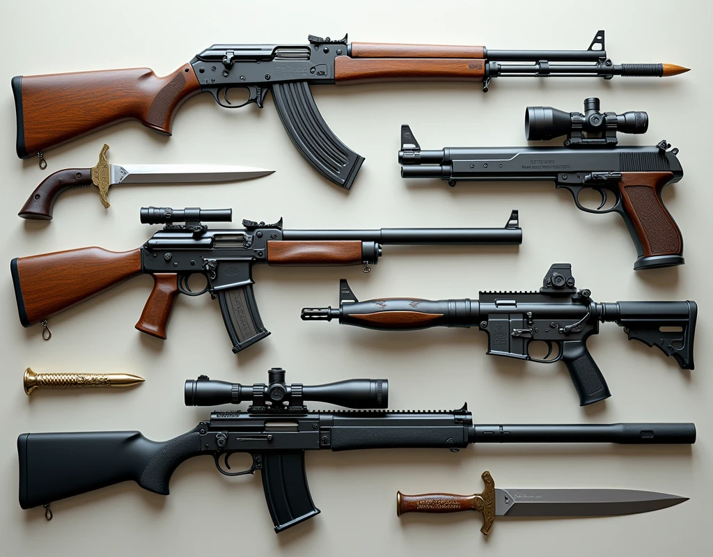 Différentes armes de toutes sortes, posées sur une table. realistic, detailed.