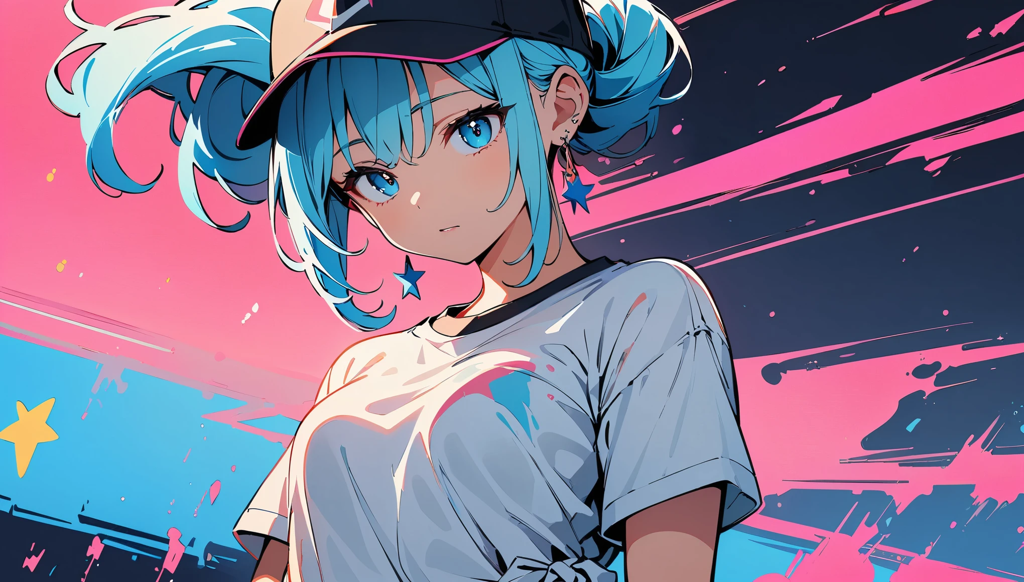 (high quality, 8k, 4K, High Contrast, masterpiece:1.2, 最high quality, Best aesthetics), (Dynamic Angle), ((1 female teen)), ((Plain and bright background)), ((Flat Color)),(Plain white T-shirt on the upper body), (jeans), Looking at the audience, Upper Body, Transparent Background, Sleepy eyes, High Contrast, Contrasting colors, Cowboy Shot, Pale pink and blue lighting, Long Hair, ((Tied Hair)) , Light blue hair, Small star-shaped earrings in both ears, Wearing a baseball cap, watch, bright eyeshadow, Cool look, Soap bubble, Small Tits, Her bra is slightly visible through her T-shirt ,　A body wet with rain