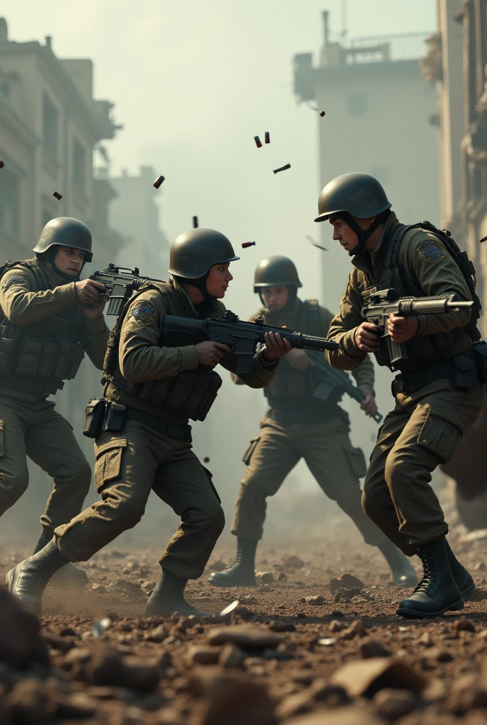 The boys wear militaey suit and he fight to other soldiers the boys have rifleand knife and he killed to enemy