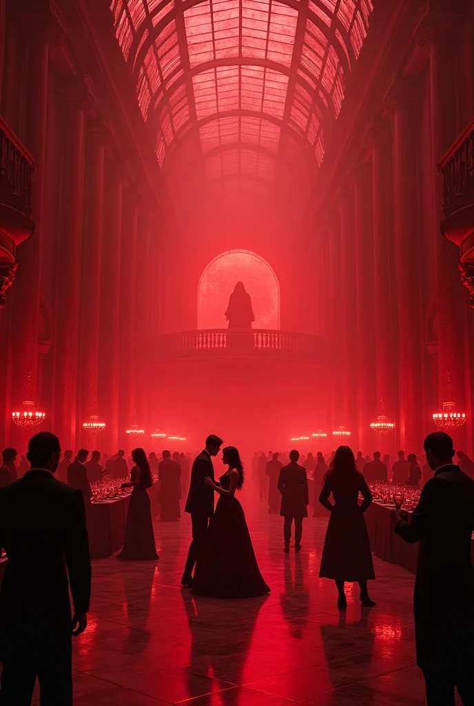 huge, a very large gothic ballroom, filled with red light, with high glass ceilings. The hall is scary and gloomy, inside him dance the dark and gloomy, but beautiful, People. Women in long, revealing and elegant dresses, and the men in formal suits. There are small round tables at the edges., with an abundance of glasses of wine. Many people dance the waltz in pairs on a large dance floor in the middle. There is a beautiful balcony at the very end of the hall., On it stands the host of the ball, shrouded in darkness and watching the celebration. Некоторые People держат в руках бокалы.