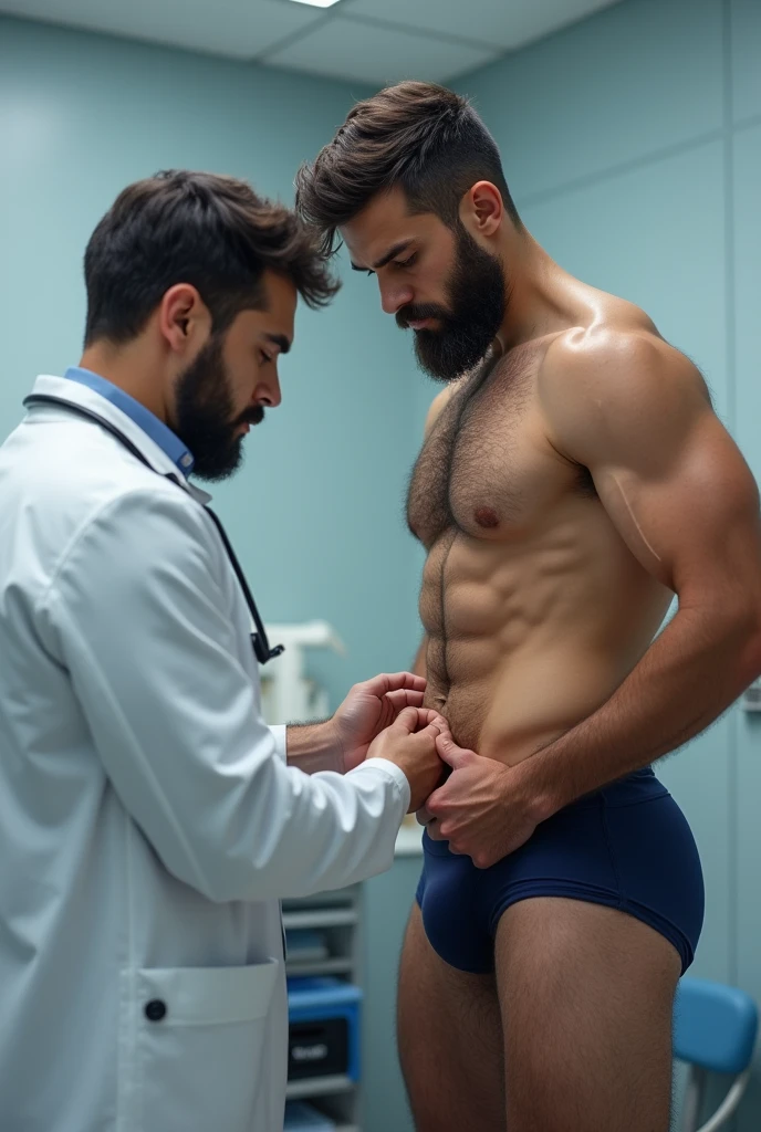 Doctor examining the groin of a strong young man, hairy hairy bearded guy in navy blue underwear.