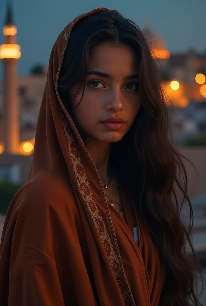 (une fille), marocaine, seule, cheveux longs, résistance (djellaba marocaine brune), portrait (plan moyen), portrait, gros plan, point de vue, fond flou, fond (nuit, mosquée, maisons lointaines, fenêtres éclairées, plafond, Veilleuse), (image réaliste, haute qualité, meilleure qualité : 1,55),