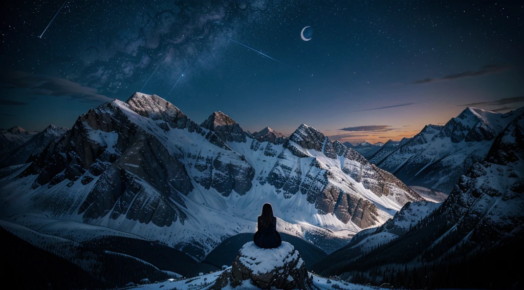 Design an album cover titled "The Mountains." The central image should feature a woman praying in front of a mountain landscape under a starry night sky. The scene should evoke peace and introspection, with deep, dark tones like navy blue and black, contrasting with the bright stars and the soft moonlight illuminating the mountains.