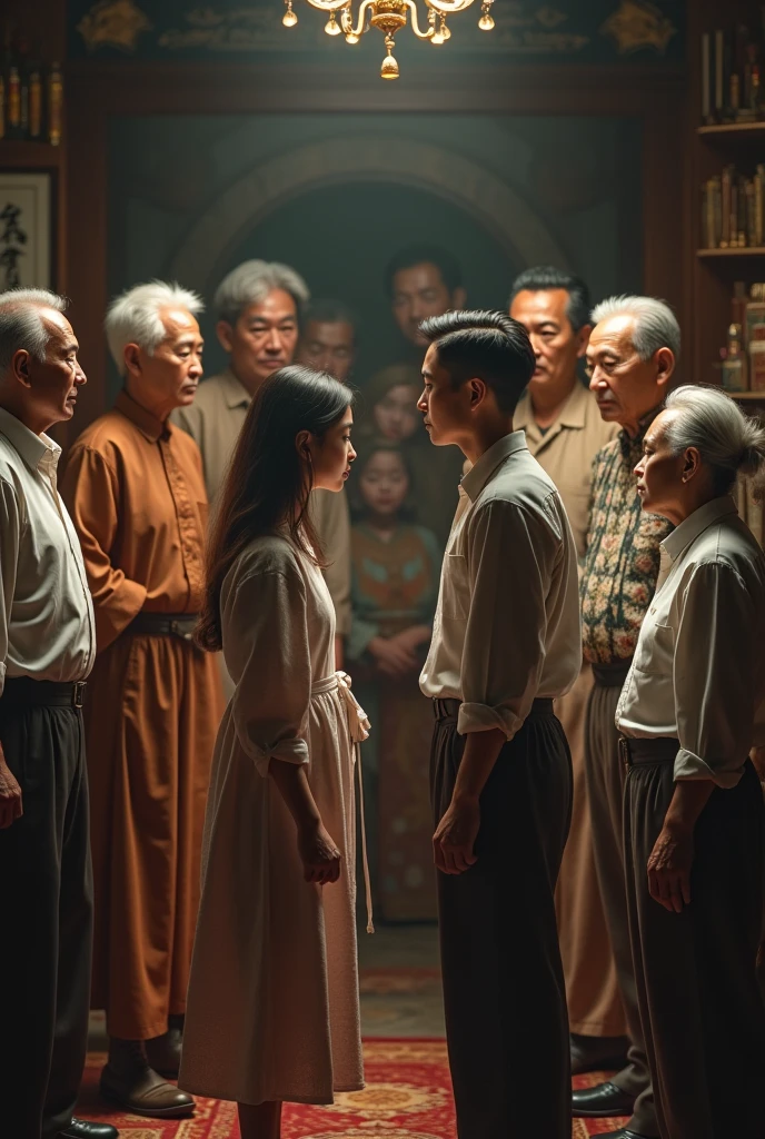  Family Opposition:show more old family conflicts and disagree thier daughter teeneger to marry the man standing near 