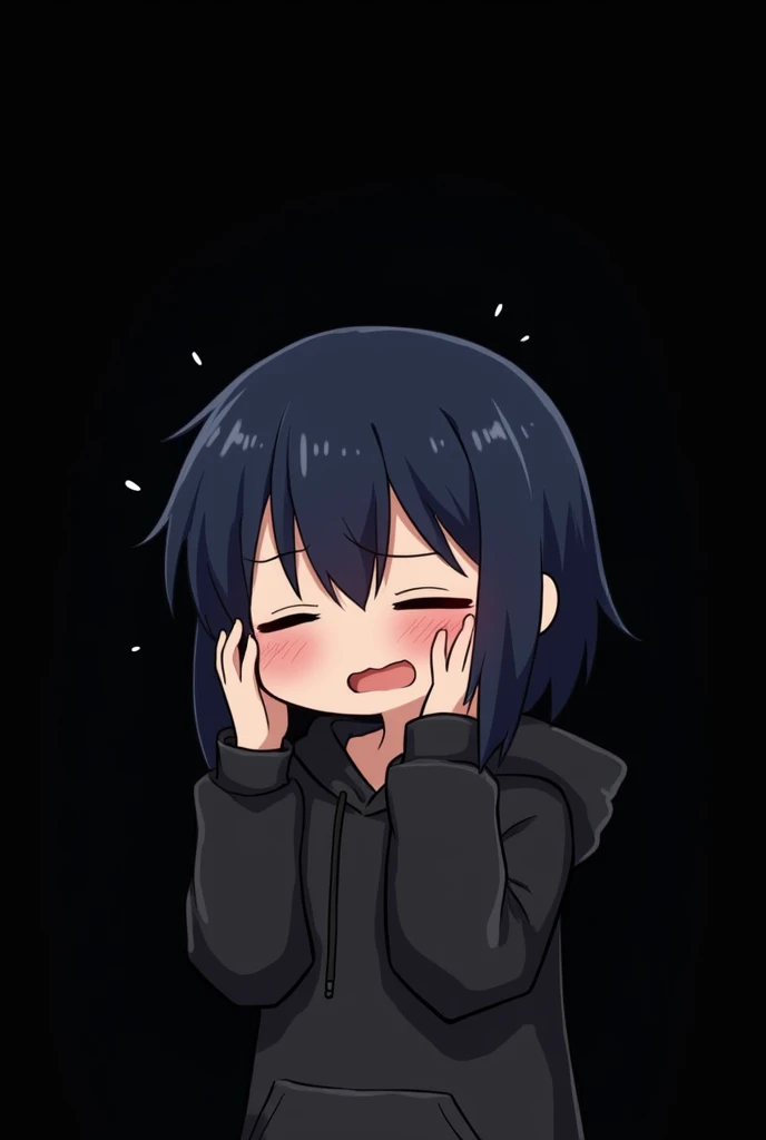Black background , involved Anime girl , dark blue hair , modern day mullet hair style , black hoodie , closed eye > < , frustrated , holds her head , mouth slightly open , chibi