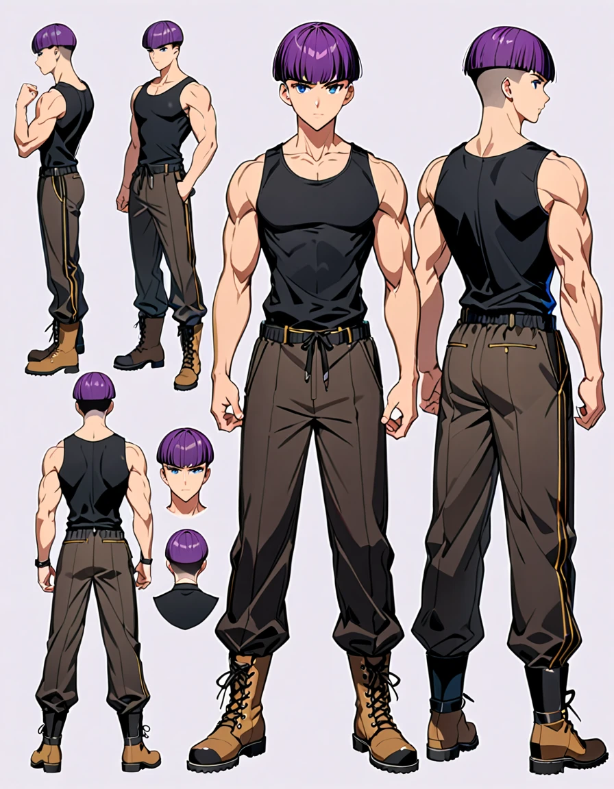 (masterpiece), (best quality), (high res), male, tall body, beautiful detailed eyes, beautiful detailed face, serious, perfect hands, complete fingers, perfect ???????, perfect proportions, ((purple hair, short hair, undercut haircut bowl cut )), ((blue eyes)), (( boots, black tank top and black buggy pants outfit)), muscles, hand pose, looking at viewer, (solo, solo focus), standing,, sword on the back, full body costume design. Simple background, Multiple Views, Character Sheet Full-Length.